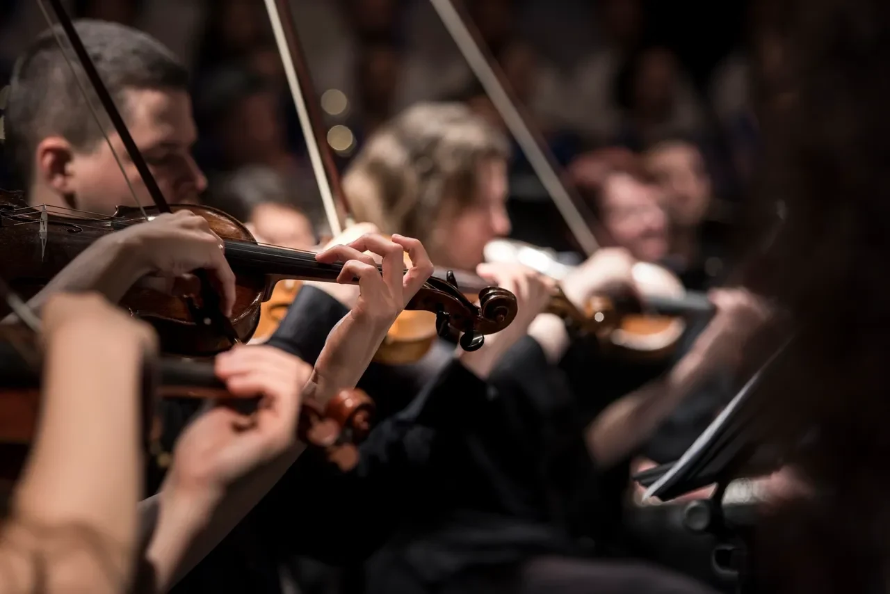Violinists playing together in an orchestra